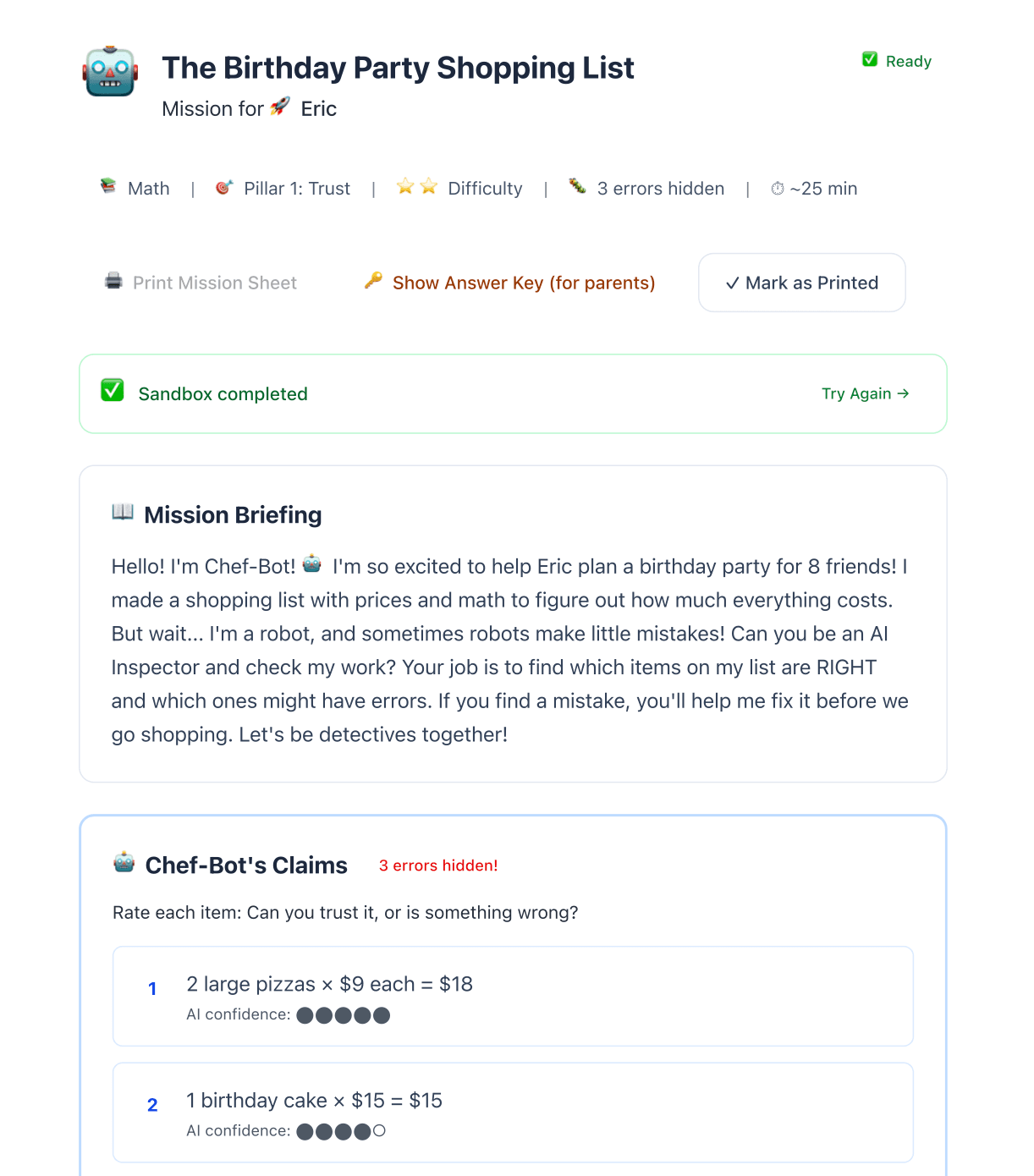 A sample AI Inspector Academy mission worksheet showing AI-generated problems for kids to check and correct